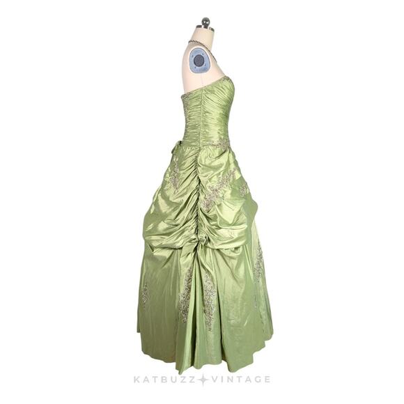 Vintage Prom Dress Ball Gown Maxi 10 Green Y2K Fairy Princess Beaded Strapless - Picture 3 of 16